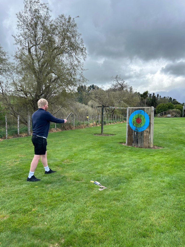 Axe Throwing at Makoura Lodge, Ruahine Ranges, New Zealand.